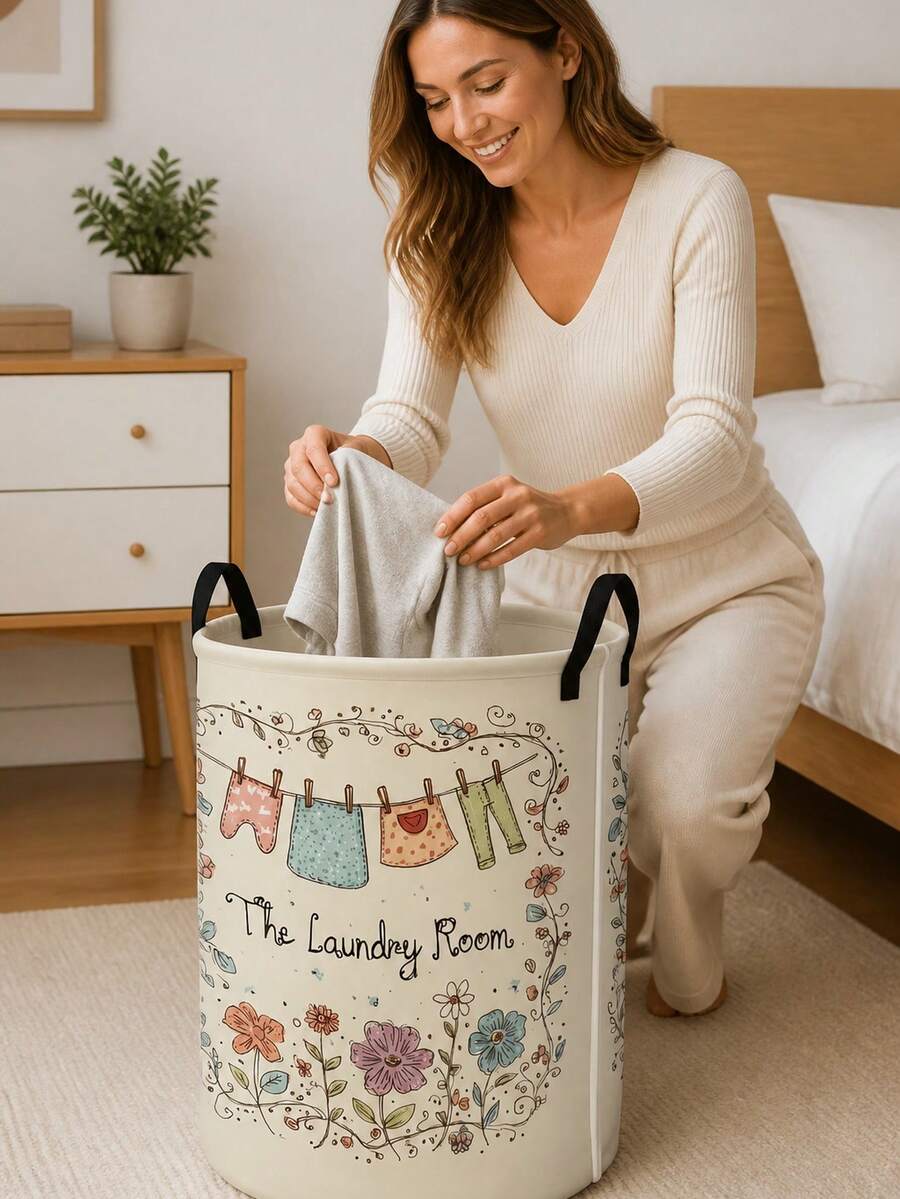 Fashionable Pastoral Style Clothes Rack & Floral Print Laundry Basket, Suitable For Laundry Room, Bedroom, Bathroom And Living Room Storage, With Handle, Perfect For Storing Clean Clothes, Blankets And Garments - Multicolor - View 1