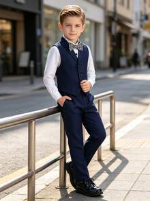 Young Boy 2pcs Set Formal Vest With Single-Breasted Buttons, Pants And Bow Tie - Navy Blue - View 2