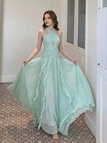 Women's Elegant Sexy Multi-Layer Ruffle Patchwork Design Fashionable Flared Slimming Luxury Dress Solid Color Sexy Party Patchwork Wedding Fall - Mint Green - View 3