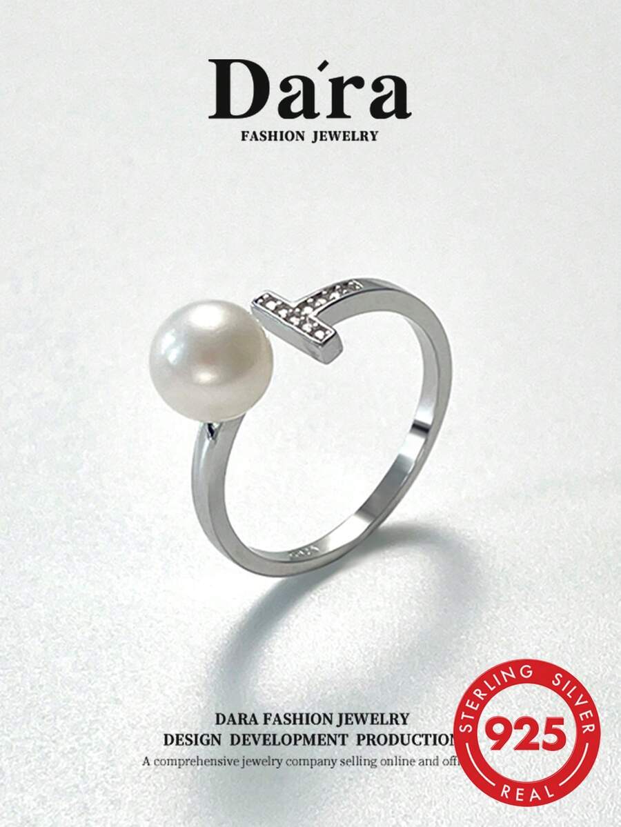 DARA S925 Sterling Silver Pearl Open Ring, Freshwater White Pearl 6-7mm, Luxury Gift Box For Women