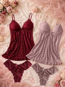 2 Sets Spring/Summer Lace Camisole Sleepwear, Bow & Pleated Design, Sexy V-Neck Lingerie Style Loungewear, Suitable For Date Night - Multicolor - View 1