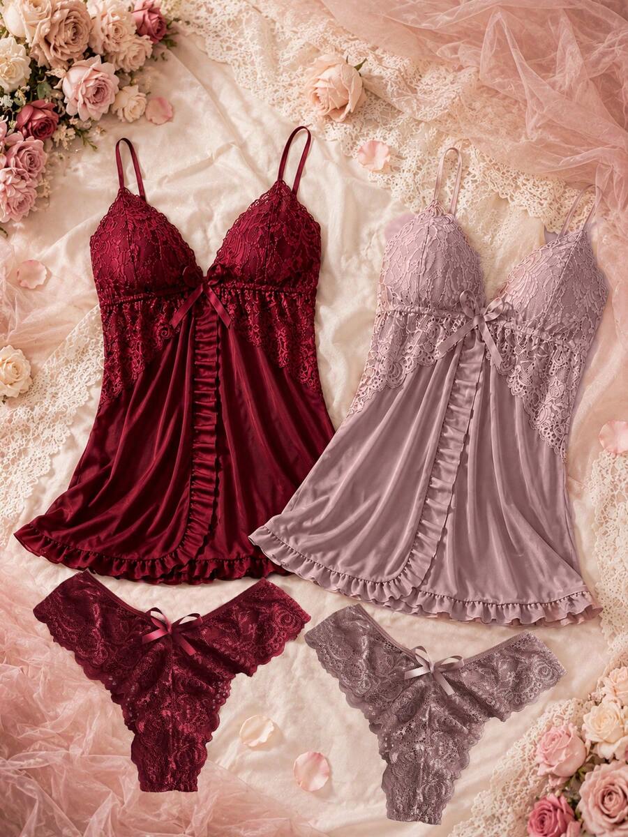2 Sets Spring/Summer Lace Camisole Sleepwear, Bow & Pleated Design, Sexy V-Neck Lingerie Style Loungewear, Suitable For Date Night - Multicolor - View 1