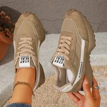 Women's Thick Sole Sports Shoes, Contrast Color Design, Lightweight Lace-Up Casual Running Shoes, Suitable For Daily Wear. - Khaki - View 11