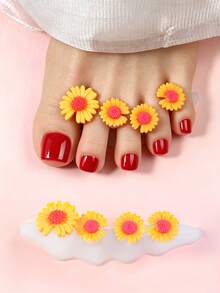 2件組一體式向日葵矽膠趾縫分隔器，黃色花朵造型腳趾撐開器，適合女性女孩足部護理美甲用品 - 彩色 - 查看 2