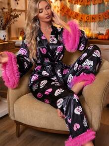 Women's Black & Pink Halloween Skeleton Print Satin Pajama Se Smooth Faux Silk Fabric,Party & Home Wear 2-Piece Set - Black - View 10