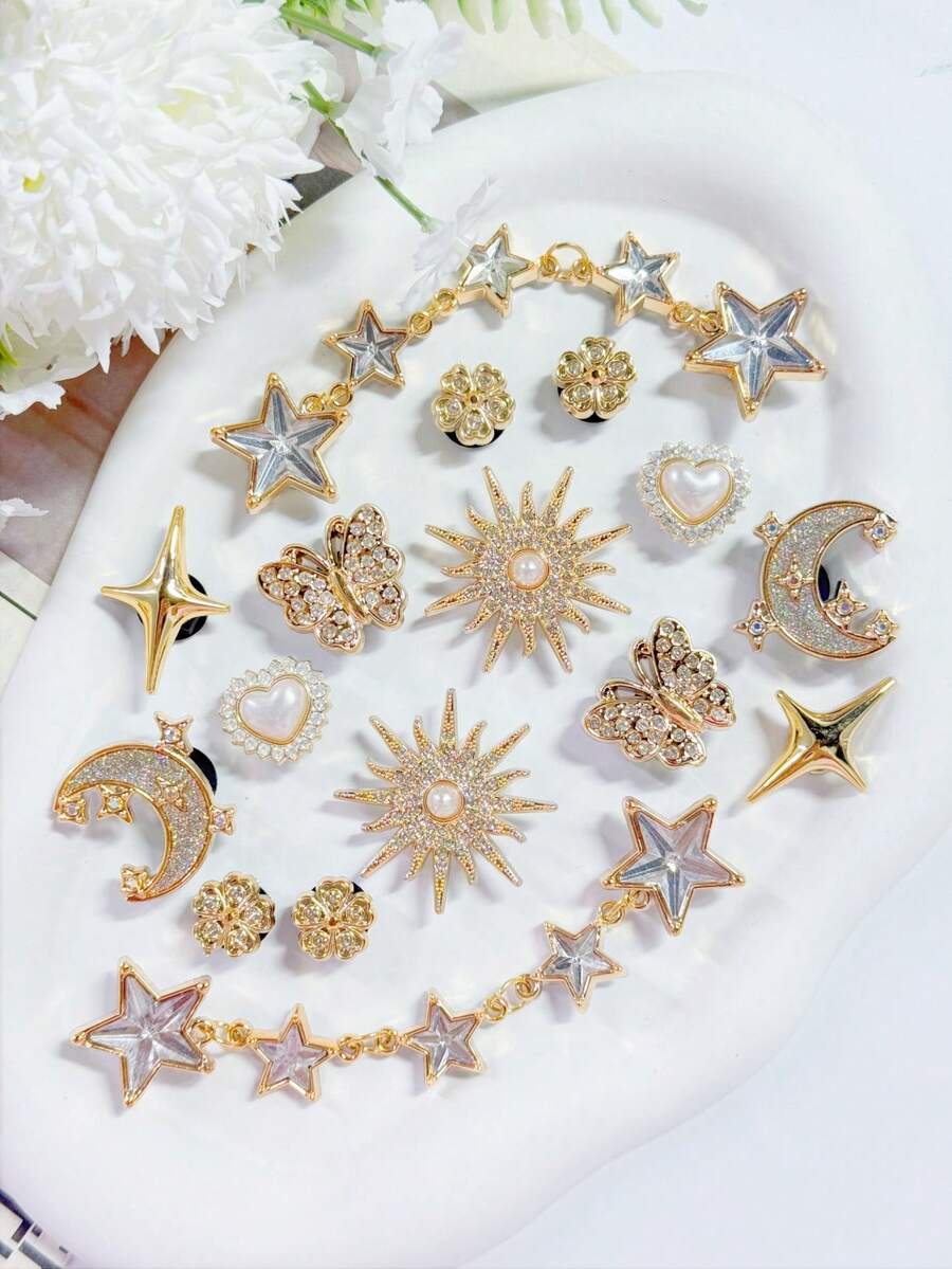 16pcs Rhinestone Butterfly Sun Moon Star Chain Set, Detachable Accessories For DIY Sandals And Beach Bags, Gift - 16pcs Star - View 1
