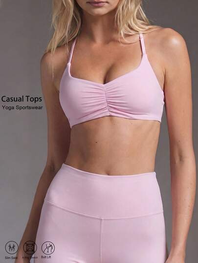 Crop Top Pakaian Olahraga Kasual Wanita, Bagian Dada Berkerut dengan Bantalan yang Dapat Dilepas, Tali Silang yang Dapat Diatur, Camisole Lembut, Untuk Sehari-hari, Yoga, Lari, Gym, Aktivitas Luar Ruangan