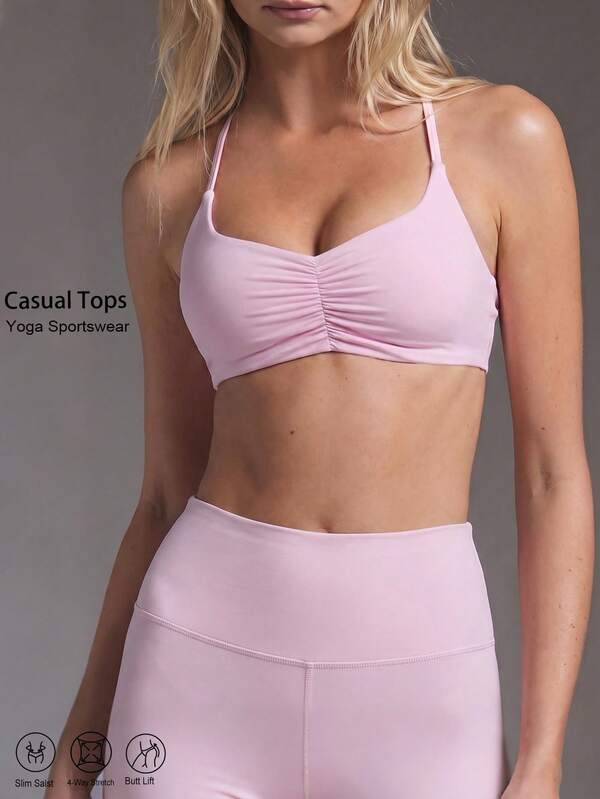 Crop Top Pakaian Olahraga Kasual Wanita, Bagian Dada Berkerut dengan Bantalan yang Dapat Dilepas, Tali Silang yang Dapat Diatur, Camisole Lembut, Untuk Sehari-hari, Yoga, Lari, Gym, Aktivitas Luar Ruangan