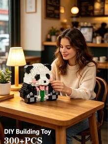 400+Pcs Cute Micro Particle Building Blocks Panda Assembly Toy - 3D DIY Chinese Style Panda Decoration, Creative Assembly Manual, Stress Relief Home Office Desktop Decor, Healing Desktop Decoration Gift, Birthday Gift, Christmas Gift - Baby Pink - View 1