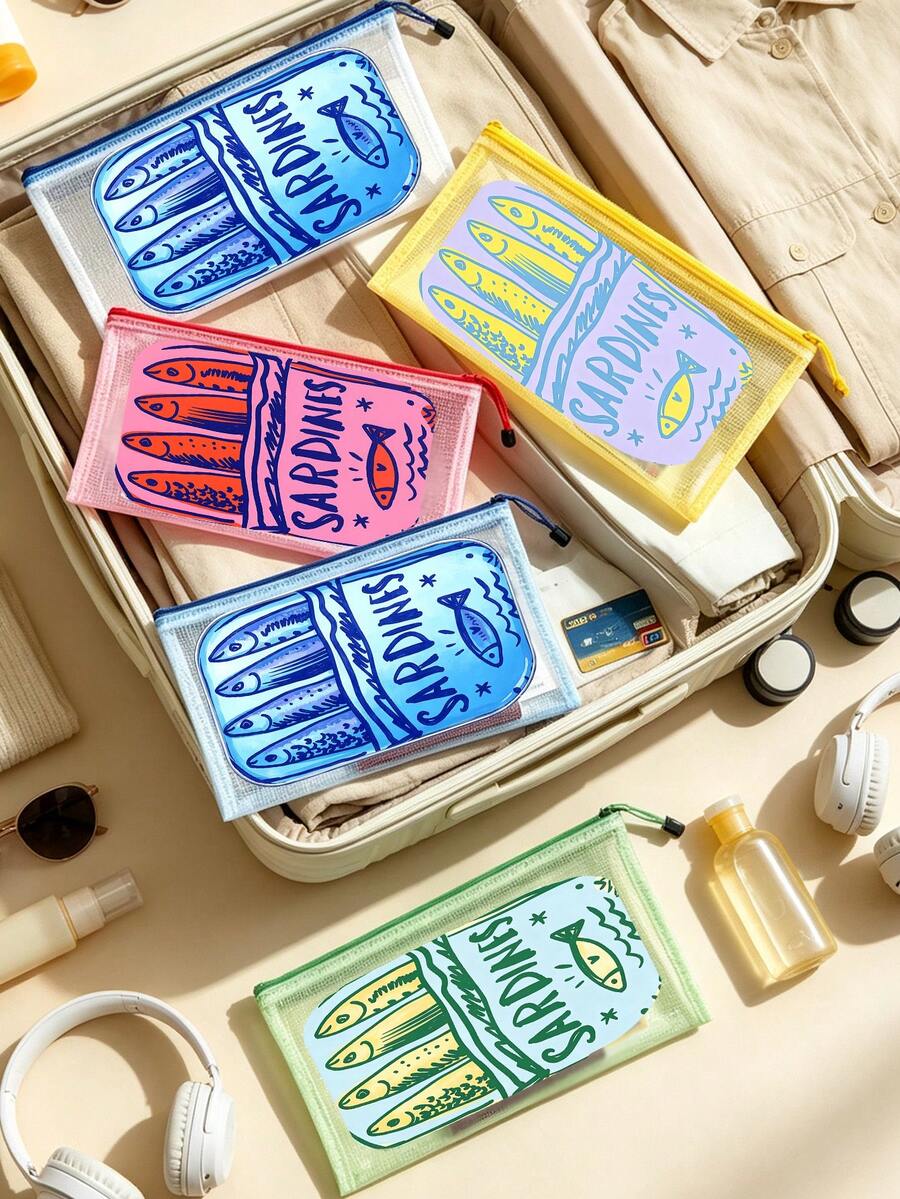 Vintage Fun Sardine Pill Transparent Storage Bag, Cute Fish-Shaped Design, Long Bag, Suitable For Passport And Ticket Storage, Cartoon Fun Multi-Function Bag, Charger Storage Bag, Travel Essential Makeup Bag: Girls Travel Survival Bag, Unisex Zipper Bag, Cosmetics, Makeup And Travel Essential Lightweight Storage Bag, Wedding Bride Gift, Mother Gift, Birthday Gift, Holiday Souvenir, Back To School Gift, Graduation Gift - Multicolor - View 1