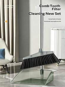 1 Set Transparent Stainless Steel Durable Broom And Dustpan, Thickened Transparent Dustpan, Wide Soft Bristle Brush, Suitable For Hard Floor Cleaning In Living Room, Bedroom, Bathroom And Kitchen - A - View 6