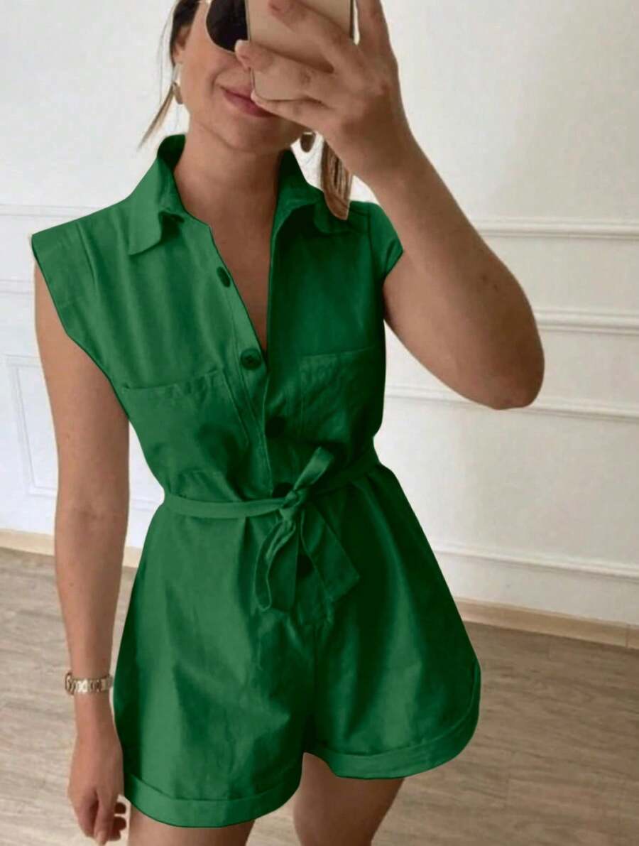 Women's Clothing/Romper/Waist Tie/Linen - 橄欖綠 - 查看 1