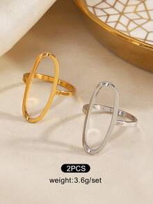 2PCS/1PC Stainless Steel Minimalist Geometric Oval Rings Suitable For Women's Daily And Party Wear - Multicolor - View 10