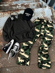 Teen Boy Street Rabbit Print Crew Neck Sweatshirt & Camouflage Wide Leg Pants 2pcs Set, Autumn Winter Outfit, Campus Style, Homecoming Look - Black - View 4