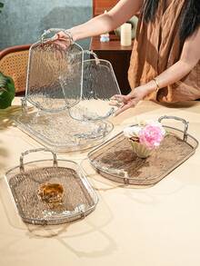 Thickened PET Rectangular Serving Tray With Handle, Water Ripple Pattern, Tea Cup Coffee Cup Water Cup Storage, Durable And Break-Resistant - Perfect For Home Living Room Decor, Weddings And Parties - Translucent Silver - View 1