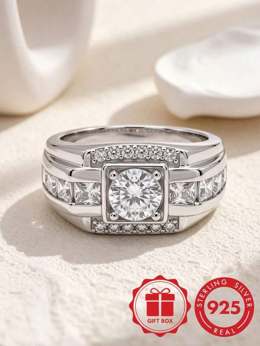 S925 Sterling Silver Men's Ring, Bold Square Zirconia Wide Band, Luxury High-End Business Style, Gift For Boyfriend With Gift Box - Silver - View 1