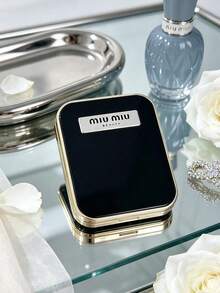 Miu Miu Black Gloss Square Compact Makeup Mirror, Gold Metal Frame Double Sided Pocket Mirror, Normal & Magnifying Portable Travel Hand Mirror Ladies Luxury Mini Beauty Gift MIUMIU-GIFT-17 - Black - View 1