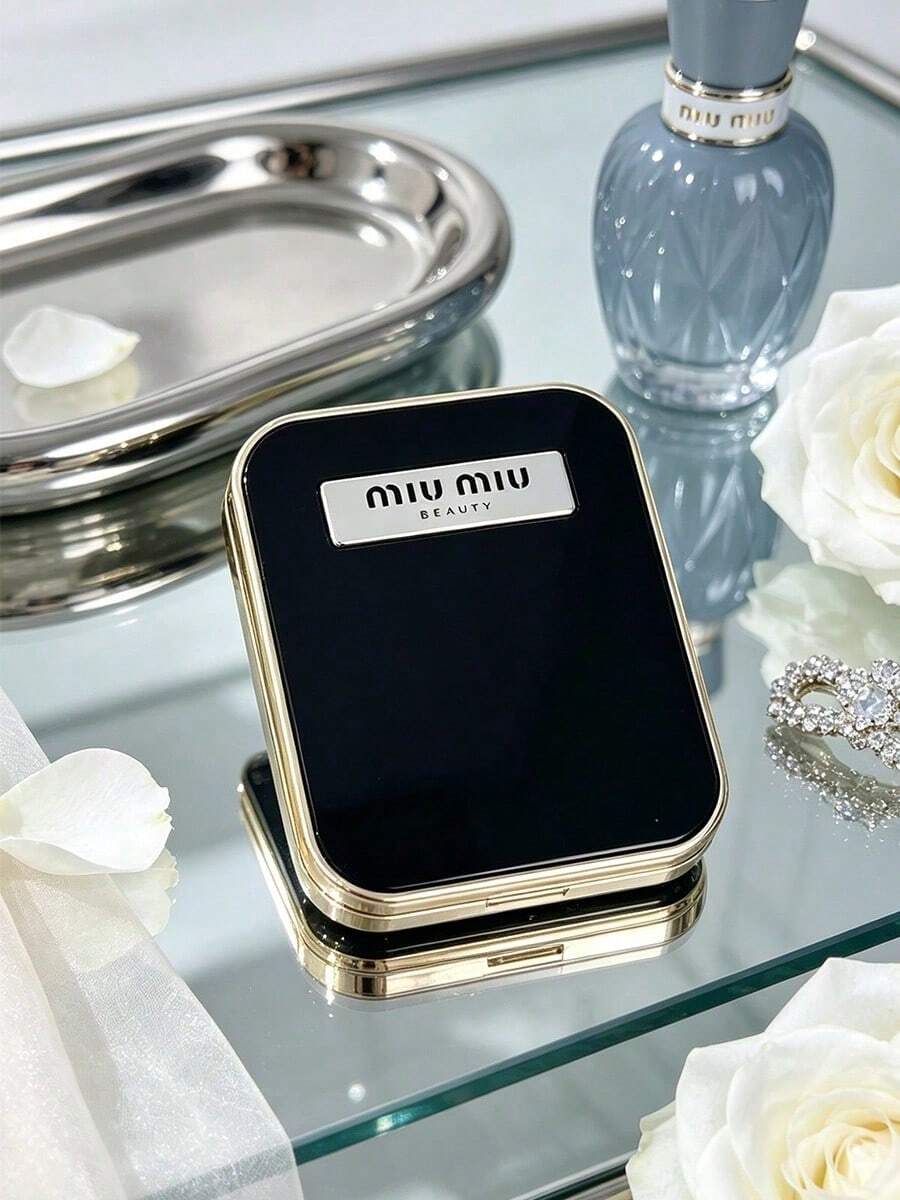 Miu Miu Black Gloss Square Compact Makeup Mirror, Gold Metal Frame Double Sided Pocket Mirror, Normal & Magnifying Portable Travel Hand Mirror Ladies Luxury Mini Beauty Gift MIUMIU-GIFT-17 - Black - View 1