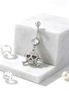 1pc Gothic Style Shiny Skull 304 Stainless Steel Belly Button Ring, Suitable For Halloween, Women And Men Body Piercing Accessory (No Gift Box) - Skeleton - View 4
