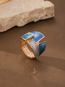 Set Perhiasan Gelang & Cincin Bertekstur Blok Warna Vintage, Gelang dan Cincin Enamel Geometris Tidak Beraturan Biru, Aksesori Fesyen Retro untuk Wanita Sehari-hari - Geometri 1 - View 7