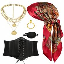 Women's Pirate Costume, 5-Piece Set: Adult Halloween Pirate Theme Outfit, Including Medieval Style Corset, Headscarf, Eye Patch, Necklace And Earrings - Multicolor - View 1