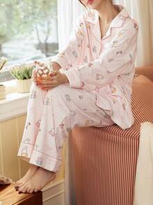 Gongdie 2pcs Miffy Women's Pajama Set, Spring/Autumn Light Pink Soft Cotton Loungewear, With Contrast Trim, Bow & Polka Dot Print - Baby Pink - View 5