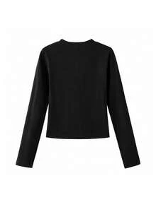 Women's Black Slim Fit Cropped T-Shirt, Heart & Letter Print, Autumn Long Sleeve Base Layer, Y2K Top - Black - View 7