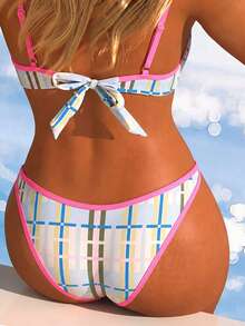 Bikini de dos piezas con aros, push-up y efecto adelgazante, estampado de cuadros colorblock estilo macaron fresco de verano, traje de baño para mujer para vacaciones y aguas termales - Multicolor - Ver 7