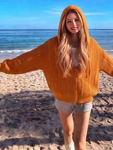 Women's New Autumn/Winter Casual Minimalist Solid Color Loose Hooded Cardigan Jacket - Orange - View 1