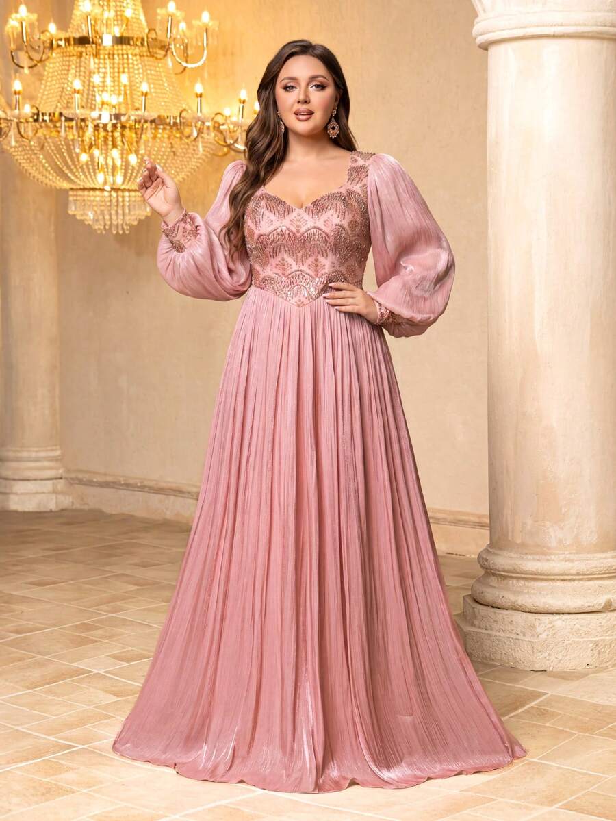 UNITHORSE[Random Cut]Sweetheart Neckline Lantern Sleeve Cinched Waist Sequin Patchwork Faux Silk Evening Dress Party Wedding - Pink - View 1