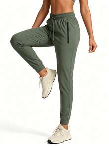 Women's Jogging Pants High Waist Drawstring Zipper Pockets Lightweight Sports Fitness Running Pants - Green - View 3