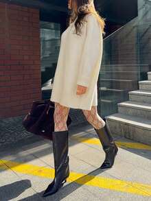 Women's Oversized Round Neck Soft Cozy Layered Sleeve Mid-Length Knit Dress, Fall Winter Casual Chic For Daily, Dating - Apricot - View 4