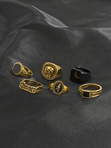 6 Piezas / Set Conjunto De Anillos De Diseño De Cráneo Y Letra Con Estilo De Moda Callejera Para Uso Casual Diario De Hombres, Estilo Punk - Amarillo Oro - Ver 2