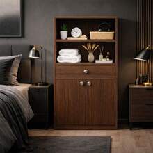 Cómoda Auxiliar Multiusos Portugal - Mueble Organizador Moderno con Cajones, Repisas y Puertas - Marrón - Ver 4