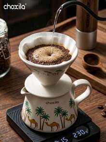 choxila Set Penyaring Kopi Keramik Motif Unta & Pohon Palem 2 Buah, Penyaring & Penyaji Kopi Tuang Vintage, Perlengkapan Seduh Barista Rumahan, Dekorasi Meja yang Estetis - Set Teko Kopi Keramik Unta Pohon Kelapa - View 5