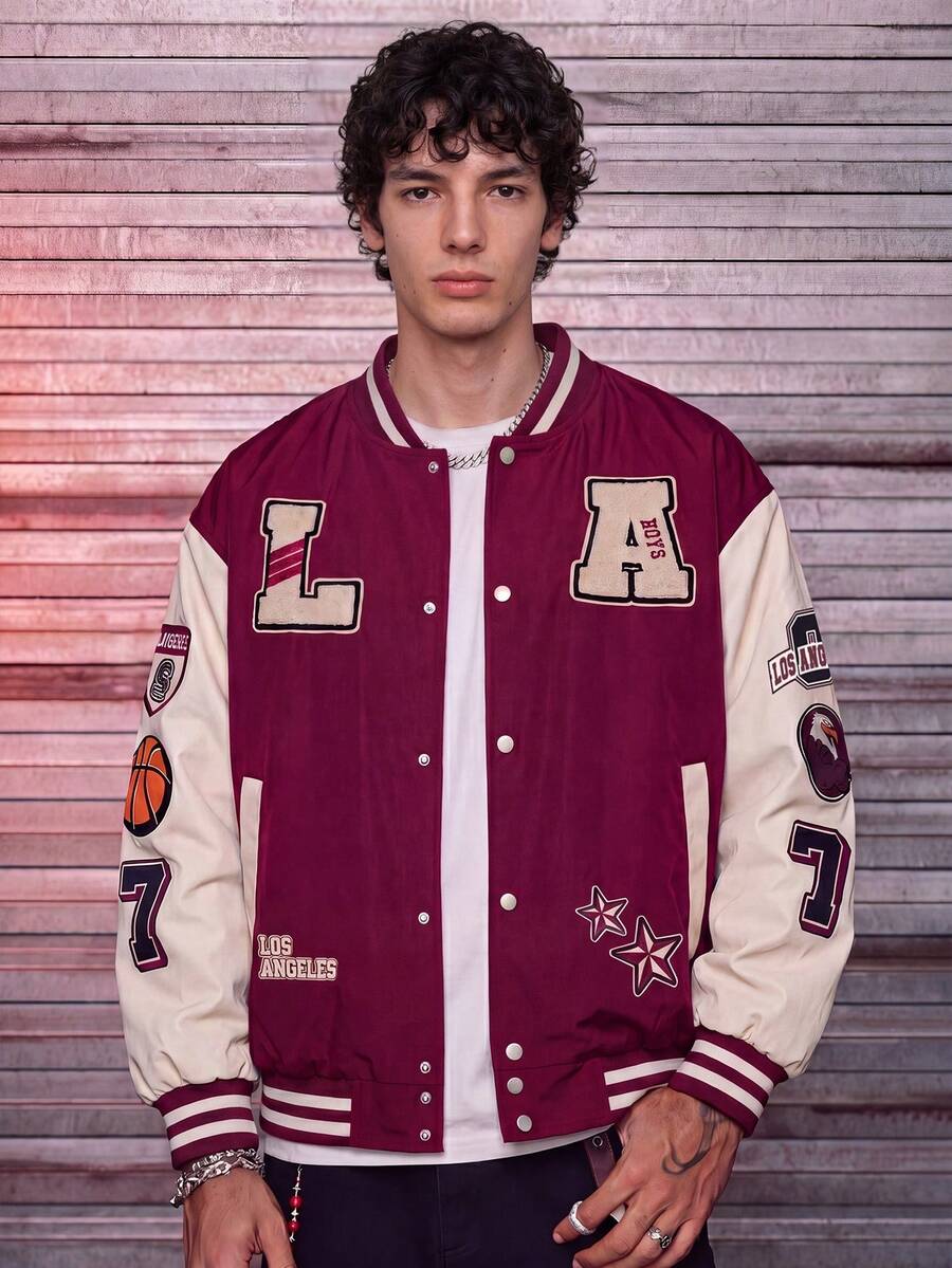 MAISONFOX Men's Contrast Color Patchwork Letter Embroidery Baseball Jacket,Autumn,Casual,Graduation,Back-To-School,Letterman Varsity Jacket - Hot Pink - View 1