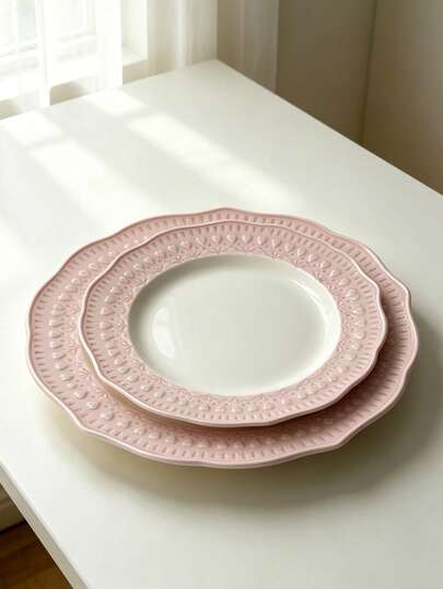 Pink Embossed Heart Ceramic Plate, Dessert Plate, Elegant Afternoon Tea Dessert Tray, Suitable For Weddings, Birthdays, Parties, Afternoon Tea, Dessert Shops. For Restaurant And Home Use, High-End Breakfast Plate, Fashionable Cake Plate, Premium Tableware