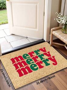 1pc, Winter Christmas Funny Red & Green Lettering Greeting Pattern Doormat, Holiday Style Machine Washable Polyester Fiber Mat, Suitable For Indoor, Party, Daily Decor, All Season Use - Red - View 10