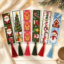 Christmas Theme Cross Stitch Bookmark 6pcs Set Full Material Kit 11CT Beginner Friendly Zero-Based Candy Cane Gingerbread Man Snowman House Print DIY Colorful Tassel Holiday Decoration Dual-Use Creative Gift - Multicolor - View 2