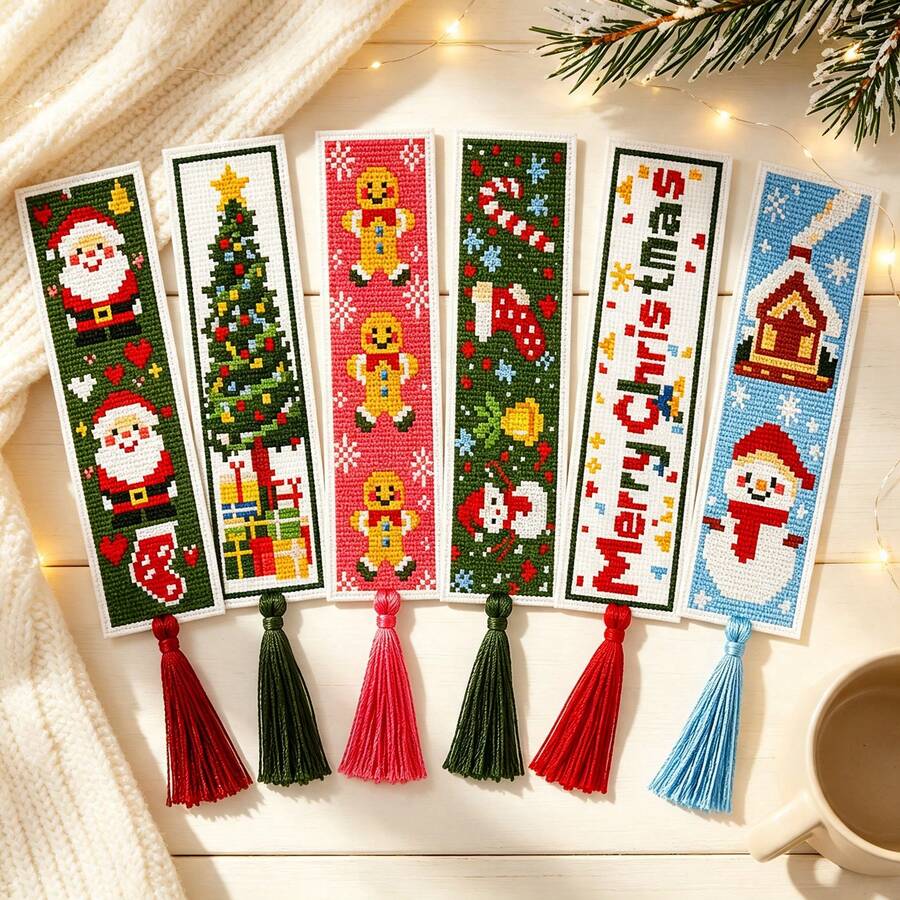Christmas Theme Cross Stitch Bookmark 6pcs Set Full Material Kit 11CT Beginner Friendly Zero-Based Candy Cane Gingerbread Man Snowman House Print DIY Colorful Tassel Holiday Decoration Dual-Use Creative Gift