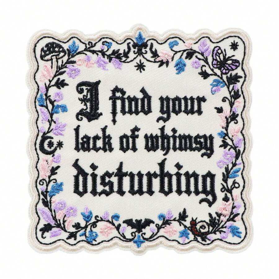 1pc Gothic Vintage Floral Embroidered Patch, Fun English Slogan Mushroom Butterfly Bat Snail Iron-On Patch, Clothing Backpack DIY Decorative Sticker - A - View 1