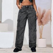 Grey Plus Size Straight Leg Wide Leg Cargo Jeans Women Solid Color Denim Fabric Pockets Plus Size Cargo Jeans Women Daily Holiday All Seasons - Grey - View 1