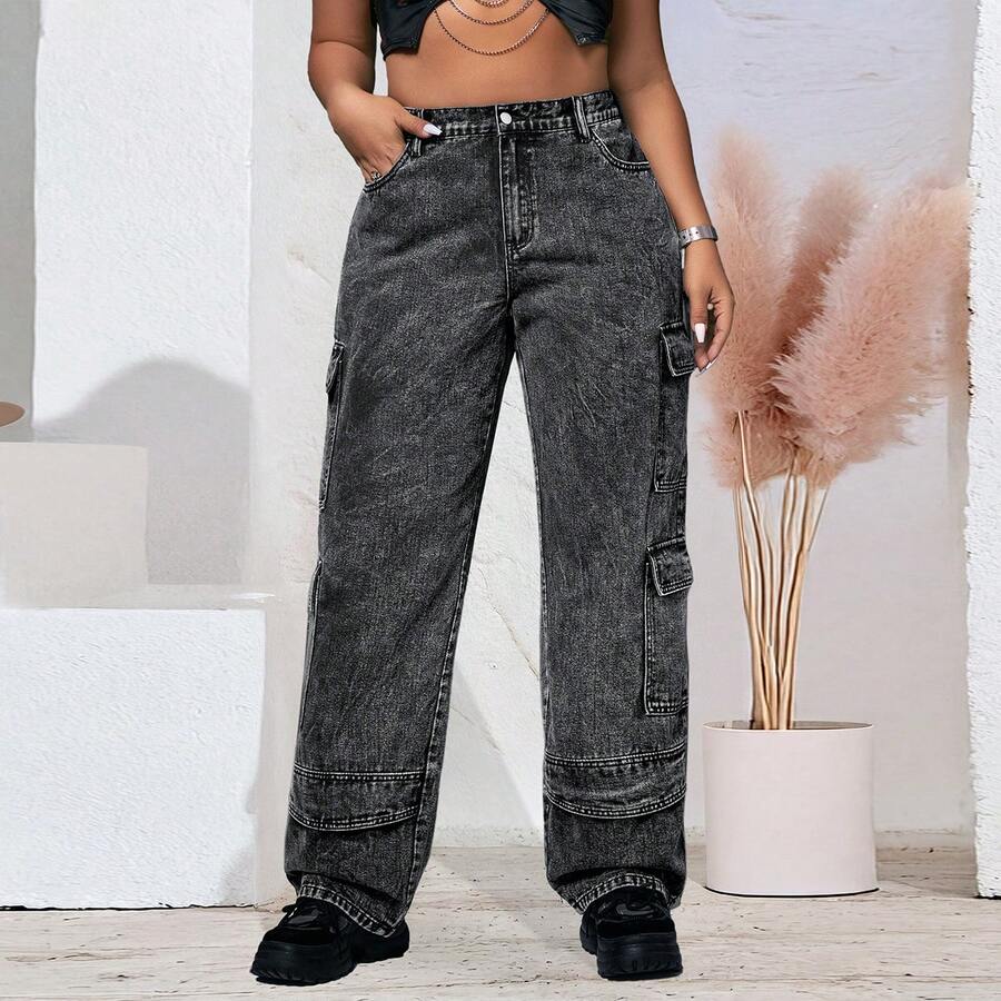 Grey Plus Size Straight Leg Wide Leg Cargo Jeans Women Solid Color Denim Fabric Pockets Plus Size Cargo Jeans Women Daily Holiday All Seasons - Grey - View 1