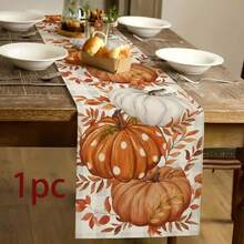 1pc Thanksgiving Orange And White Pumpkin Table Runner, Autumn Pastoral Style, Thanksgiving Home Kitchen Decor, Suitable For Thanksgiving Family Decoration And Party Decoration - Multicolor - View 7
