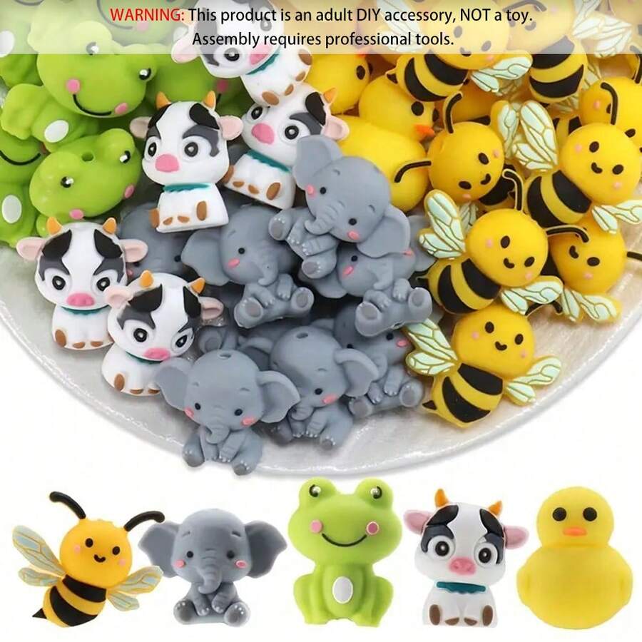 10/25/34PCS 3D Animal Series Silicone Beads Set Bee Elephant Frog Cow Duck Perfect For DIY Handmade Keychains, Necklaces, Bracelets, Decorative Pens, Jewelry And Pendants, Creative Holiday Decorations Beads & Bead Assortments