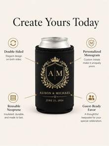 Custom Wedding Koozies, Black Neoprene Can Sleeves Personalized With Monogram , Names, Date And Thank You Message, Elegant Wedding Reception Favors For Guests, Couples And Anniversary Celebrations - Multicolor - View 6