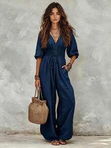 2026 New Cream White Puff Sleeve Drawstring Waist Jumpsuit, Lazy Drape Vacation Style Outfit, Cream Color Tie Waist Jumpsuit, Daily Commute Elegant Set, Cream White Pleated Design Jumpsuit, Casual Outing Street Style Set, Wide Leg Jumpsuit, Tie Waist Jumpsuit, Puff Sleeve Jumpsuit, V-Neck Front Button Layered Pleated Design, Loose Casual Fit, Minimalist Unique Style, Vacation Style, Gentle Girl Feeling, Quiet Luxury Style, Bohemian Elegant Style, Plus Size Friendly, Suitable For Tall People - Navy Blue - View 4