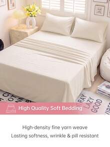 HONEYMOON 3/4件套純色床上用品套裝（3件套 = 1件床笠 + 1件床單 + 1件枕套，4件套 = 1件床笠 + 1件床單 + 2件枕套）100%聚酯纖維面料，Ins風格，適合9-12英吋深口袋，抗縮水，可機洗，適用所有尺寸，四季通用，居家與學校宿舍使用，返校必備，Oeko-Tex認證，米色 - 米色 - 查看 7