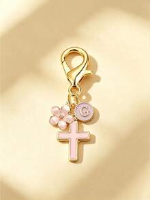 1pc New 26 English Letter Optional Enamel Drip Oil Cross & Cherry Blossom Pendant, Gold Lobster Clasp Detachable Bag Charm, Girls' Portable Key Decoration Small Gift - Pink - View 34