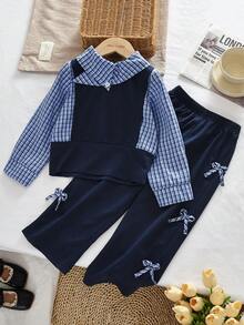 bearleader Young Girls Clothes Sets Fall Irregular Splicing Lapel Plaid Long Sleeves Tops And Bow Pants In Spring Casual Wear 2 Pieces 3 To 7 Years - Navy Blue - View 1